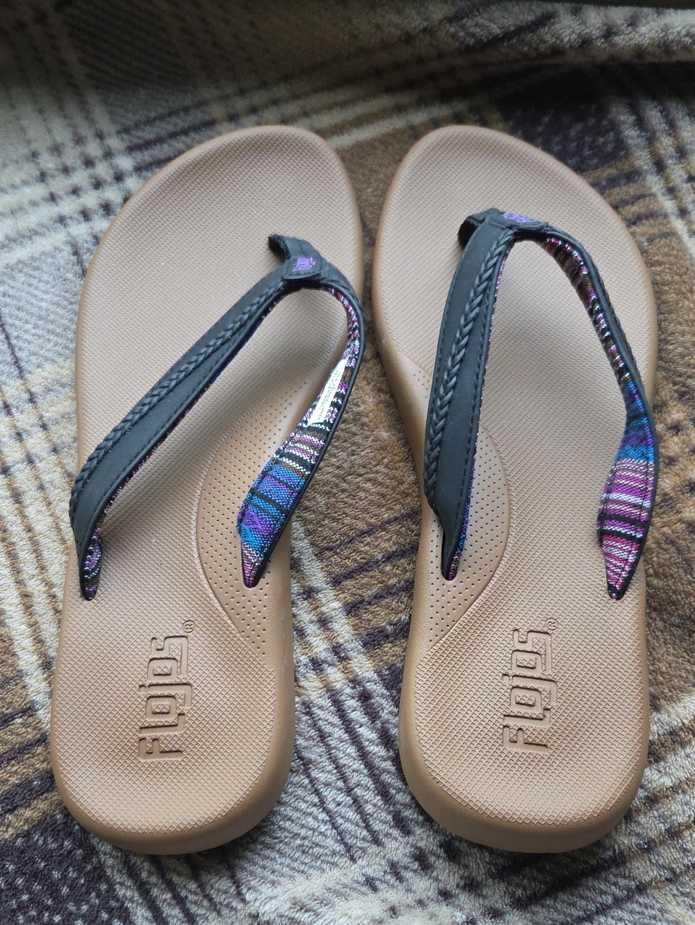 Flojos Tan Footbed Sandals with Multicolor Straps